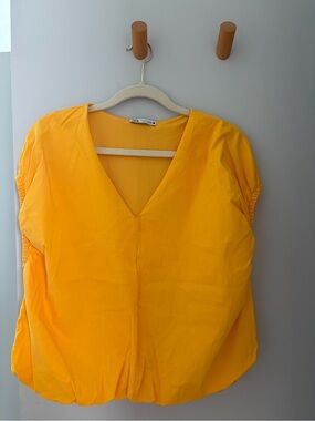 Zara Bright Yellow Balloon V-Neck Short Sleeve Blouse
